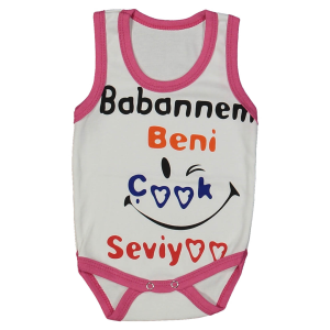 Kız Bebek Beyaz Fuşya Biyeli Babaannem Beni Seviyor Yazılı Askılı Zıbın