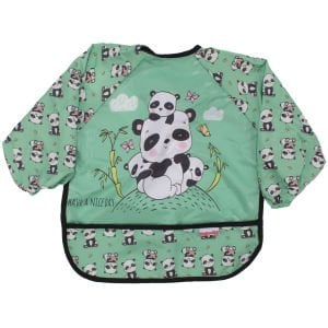 Unisex  Beyaz Gri Panda Desenli Uzun Kollu Boya Ve Mama Önlüğü