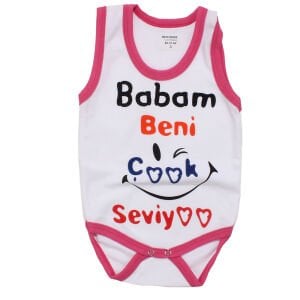 Kız Bebek Beyaz Fuşya Biyeli Babam Beni Seviyor Yazılı Askılı Zıbın