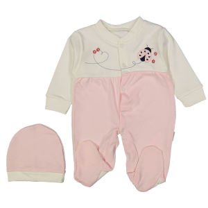 Kız Bebek Pudra Ekru Uğur Böceği Nakışlı Bereli Eldivenli Tulum