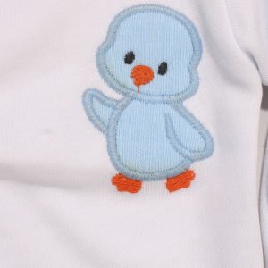 Erkek Bebek Beyaz Mavi Civciv Nakışlı Kendinden Eldivenli Uzun Kollu Çıtçıtlı Zıbın 0-3 Ay