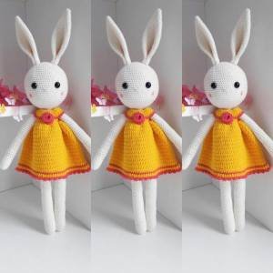 Organik Özel Üretim Kız Örgü Amigurumi Oyuncak Bebek Sarı Tavşan