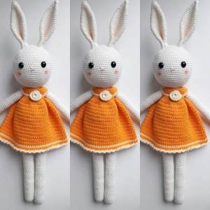 Organik Özel Üretim Kız Örgü Amigurumi Oyuncak Bebek Turuncu Tavşan