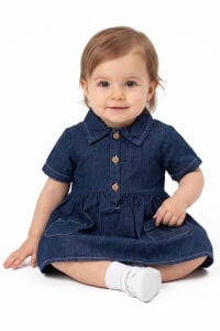 Kız Bebek Laci Düğmeli Çift Cepli Kot Elbise