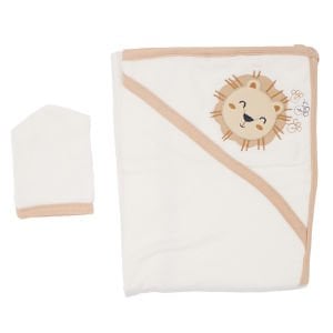 Unisex Ekru Kahve Biyeli Aslan Nakışlı Havlu Lif Set