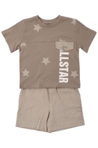 Erkek Çocuk Kahve All Star Yazılı Yıldız Baskılı Cepli Şortlu 2'li Takım