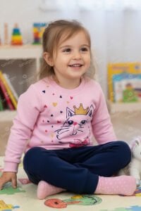 Kız Bebek Pembe Laci Kedi Baskılı 2'li Takım