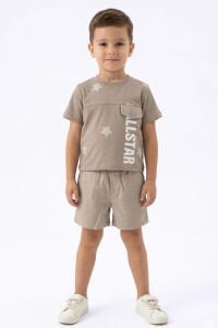 Erkek Çocuk Kahve Allstar Yazılı Yıldız Baskılı Cepli Şortlu 2'li Takım