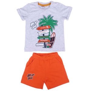 Erkek Çocuk Gri Turuncu Summer Time Yazılı Tabela Baskılı Şortlu 2'li Takım