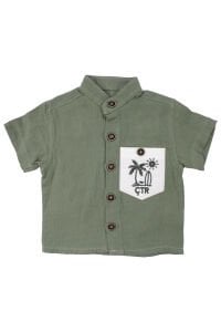 Erkek Bebek Yeşil Düğmeli Palmiye Nakışlı Müslin Çizgili Şortlu 2'li takım