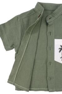 Erkek Bebek Yeşil Düğmeli Palmiye Nakışlı Müslin Çizgili Şortlu 2'li takım