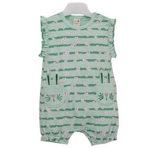 Kız Bebek Yeşil Çiçekli Çizgili Cepli Tulum