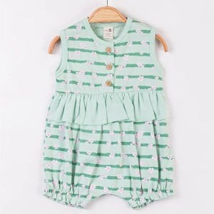 Kız Bebek Yeşil Çiçekli Çizgili Fırfırlı Tulum