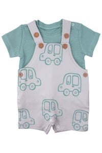 Erkek Bebek Yeşil Gri Araba Desenli Salopet Takım