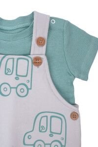 Erkek Bebek Yeşil Gri Araba Desenli Salopet Takım