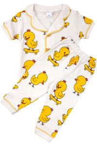 Unisex Beyaz Sarı Civciv Baskılı Kısa Kollu Pijama Takımı