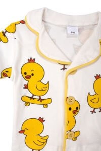 Unisex Beyaz Sarı Civciv Baskılı Kısa Kollu Pijama Takımı