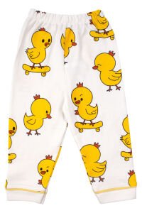 Unisex Beyaz Sarı Civciv Baskılı Kısa Kollu Pijama Takımı