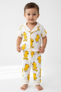 Unisex Beyaz Sarı Civciv Baskılı Kısa Kollu Pijama Takımı