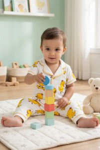 Unisex Beyaz Sarı Civciv Baskılı Kısa Kollu Pijama Takımı