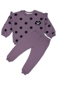 Kız Çocuk Mor Siyah Puantiyeli Kolları Fırfırlı İkili Takım