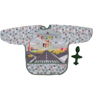 Unisex Yeşil Renkli Uçaklı Desenli Uçak Kaşıklı Oyun Hediyeli Boya Ve Mama Önlüğü