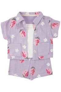 Kız Bebek Lila Pembe Çilek Desenli Müslin Şortlu 3'lü Takım