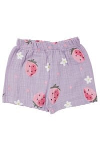 Kız Bebek Lila Pembe Çilek Desenli Müslin Şortlu 3'lü Takım
