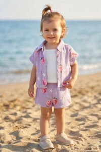 Kız Bebek Lila Pembe Çilek Desenli Müslin Şortlu 3'lü Takım