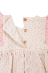 Kız Bebek Ekru Pembe Kolları Fırfırlı Fisto Fiyonklu Desenli Şortlu Müslin 2'li Takım