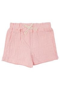 Kız Bebek Ekru Pembe Kolları Fırfırlı Fisto Fiyonklu Desenli Şortlu Müslin 2'li Takım