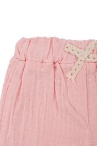 Kız Bebek Ekru Pembe Kolları Fırfırlı Fisto Fiyonklu Desenli Şortlu Müslin 2'li Takım