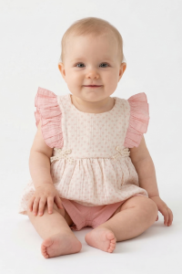 Kız Bebek Ekru Pembe Kolları Fırfırlı Fisto Fiyonklu Desenli Şortlu Müslin 2'li Takım