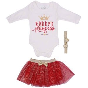 Kız Bebek Daddy's Princess Yazılı Simli Tüllü Kırmızı Etekli 3'lü Takım