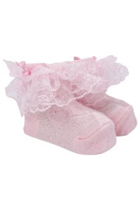 Kız Bebek Pembe Dantelli Tüllü Süslü Patik Çorap 0-6 Ay