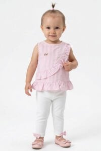 Kız Bebek Pembe Beyaz Çizgili Fırfırlı 2'li Takım