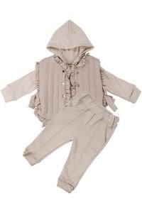 Kız Bebek Bej Kapitoneli Fırfırlı Yelekli Kapşonlu Badili Üçlü Lüks Takım