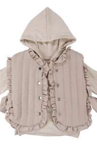 Kız Bebek Bej Kapitoneli Fırfırlı Yelekli Kapşonlu Badili Üçlü Lüks Takım