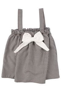 Kız Bebek Ekru Kahve Ekoseli Fiyonklu Salopet Elbise Takım