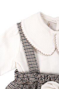 Kız Bebek Ekru Kahve Ekoseli Fiyonklu Salopet Elbise Takım