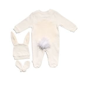 Unisex Ekru Sarı Göbekli Bereli Eldivenli Pomponlu Tavşan Tulum