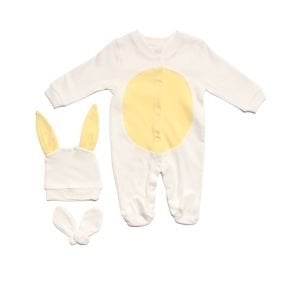 Unisex Ekru Sarı Göbekli Bereli Eldivenli Pomponlu Tavşan Tulum
