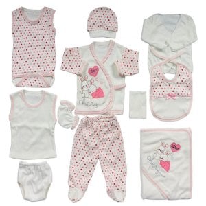 Chery Pembe Kalpli Tavşan Puanlı 11 Parça Yenidoğan Hastane Çıkış Seti 0-3 Ay