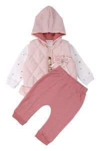 Kız Bebek Broşlu Pudra Şişme Yelekli Kalpli Badili Üçlü Lüks Takım