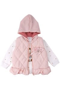 Kız Bebek Broşlu Pudra Şişme Yelekli Kalpli Badili Üçlü Lüks Takım