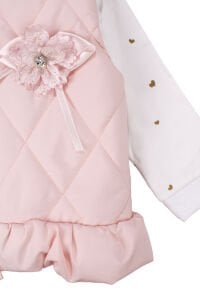 Kız Bebek Broşlu Pudra Şişme Yelekli Kalpli Badili Üçlü Lüks Takım