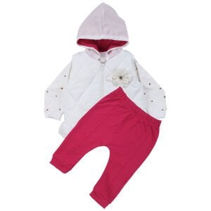 Kız Bebek Broşlu Beyaz Şişme Yelekli Kalpli Badili Üçlü Lüks Takım