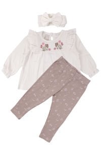 Kız Bebek Ekru Bej Çiçek Nakışlı Bandanalı Üçlü Takım