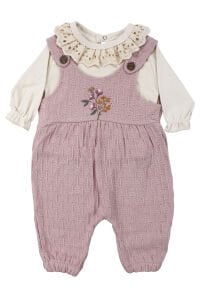 Kız Bebek Ekru Fisto Yakalı Pudra Triko Salopet Tulum Takım