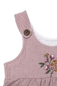 Kız Bebek Ekru Fisto Yakalı Pudra Triko Salopet Tulum Takım